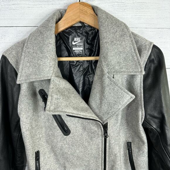 Nike NSW Womens Size Small Gray Wool Destroyer Jacket Moto Bomber Leather - Picture 3 of 12